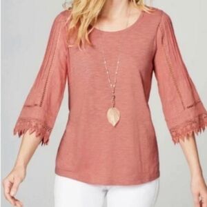 J. Jill Petite Pink Crochet Lace Trimmed Long Sleeve Blouse M Bohemian Feminine